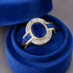 Art Deco Two Tone Bezel Setting Oval Cut Blue Sapphire Moissanite Engagement Ring