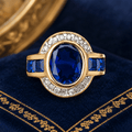 Art Deco Two Tone Bezel Setting Oval Cut Blue Sapphire Engagement Ring