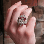 Luxury Jewelry Unique Design Round & Baguette Cut Ruby & White Sapphire Cluster Statement Rings