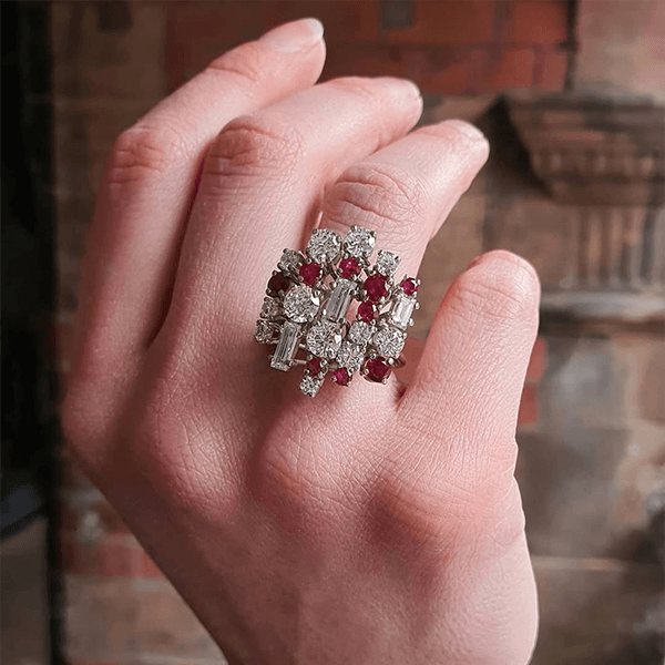 Luxury Jewelry Unique Design Round & Baguette Cut Ruby & White Sapphire Cluster Statement Rings