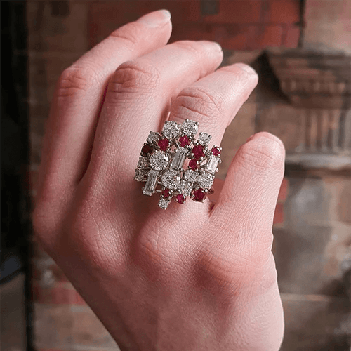 Luxury Jewelry Unique Design Round & Baguette Cut Ruby & White Sapphire Cluster Statement Rings