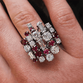 Luxury Jewelry Unique Design Round & Baguette Cut Ruby & White Sapphire Cluster Statement Rings