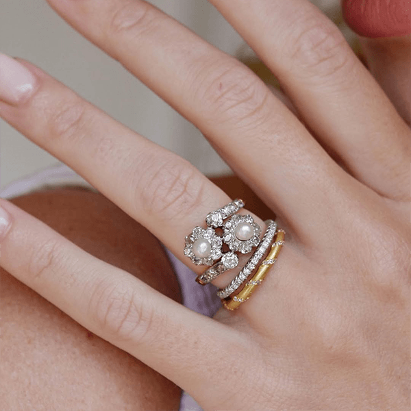 Luxury Jewelry Toi Et Moi Halo Round Cut Pearl & White Sapphire Engagement Rings
