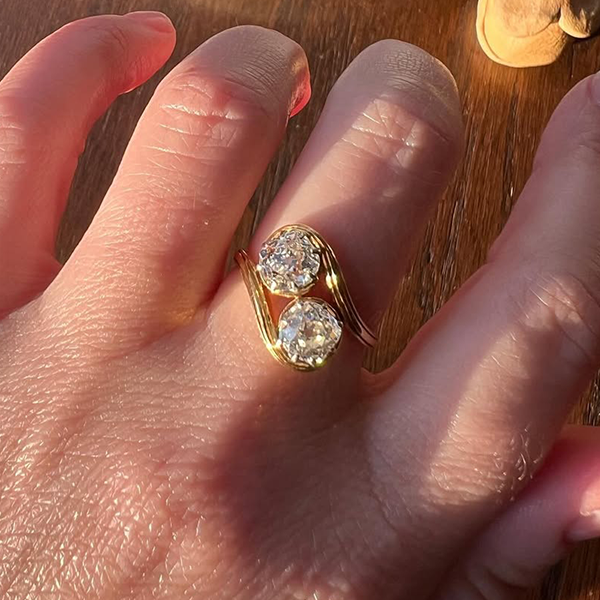 Yellow Gold Toi Et Moi Vintage Cushion Cut White Sapphire Engagement Rings