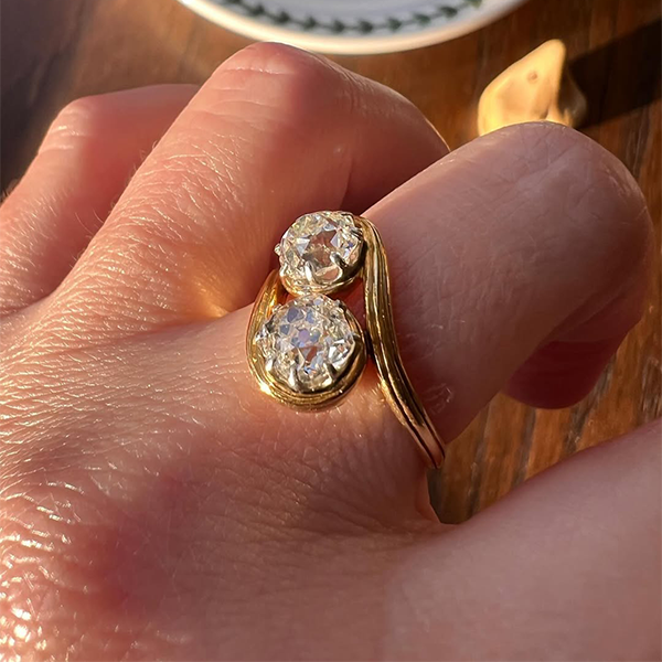 Yellow Gold Toi Et Moi Vintage Cushion Cut White Sapphire Engagement Rings