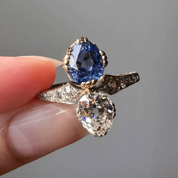 Vintage Toi Et Moi Yellow Gold Pear Cut Blue & White Sapphire Engagement Ring