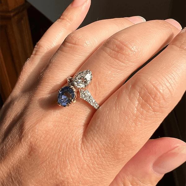 Vintage Toi Et Moi Yellow Gold Pear Cut Blue & White Sapphire Engagement Ring