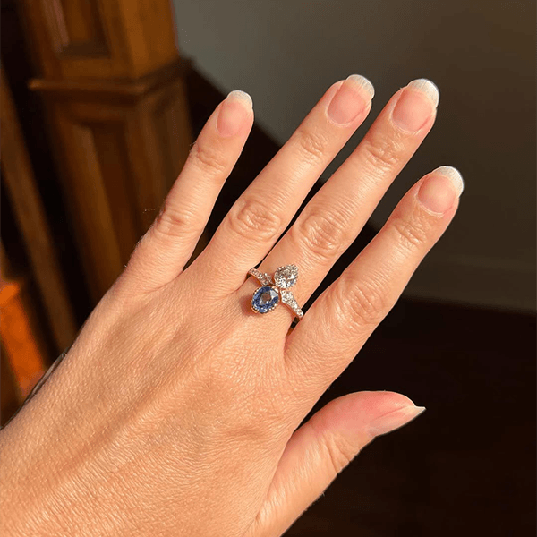 Vintage Toi Et Moi Yellow Gold Pear Cut Blue & White Sapphire Engagement Ring