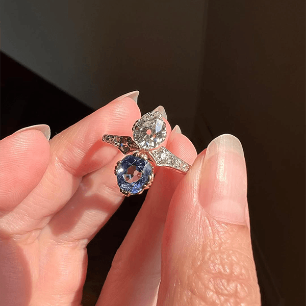 Vintage Toi Et Moi Yellow Gold Pear Cut Blue & White Sapphire Engagement Ring