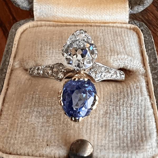 Vintage Toi Et Moi Yellow Gold Pear Cut Blue & White Sapphire Engagement Ring