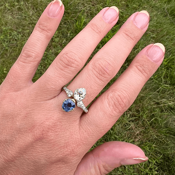 Vintage Toi Et Moi Yellow Gold Pear Cut Blue & White Sapphire Engagement Ring