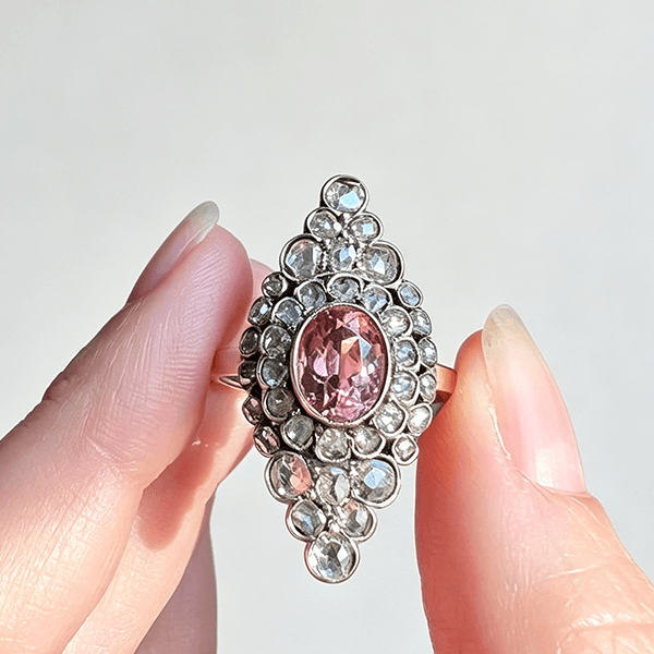 Vintage Unique Design Bezel Double Halo Oval Cut Pink Sapphire Engagement Ring