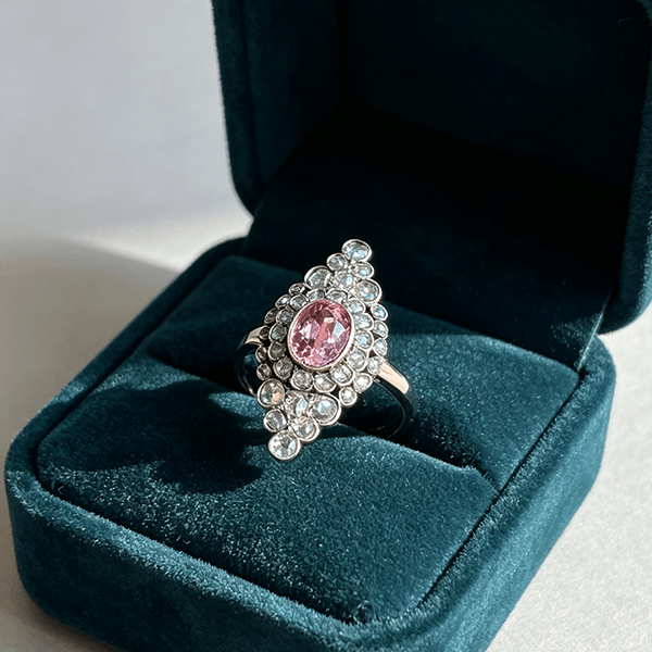 Vintage Unique Design Bezel Double Halo Oval Cut Pink Sapphire Engagement Ring