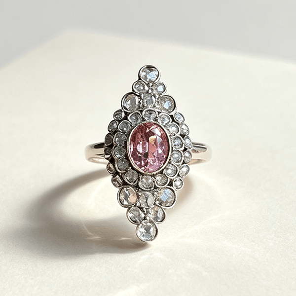 Vintage Unique Design Bezel Double Halo Oval Cut Pink Sapphire Engagement Ring