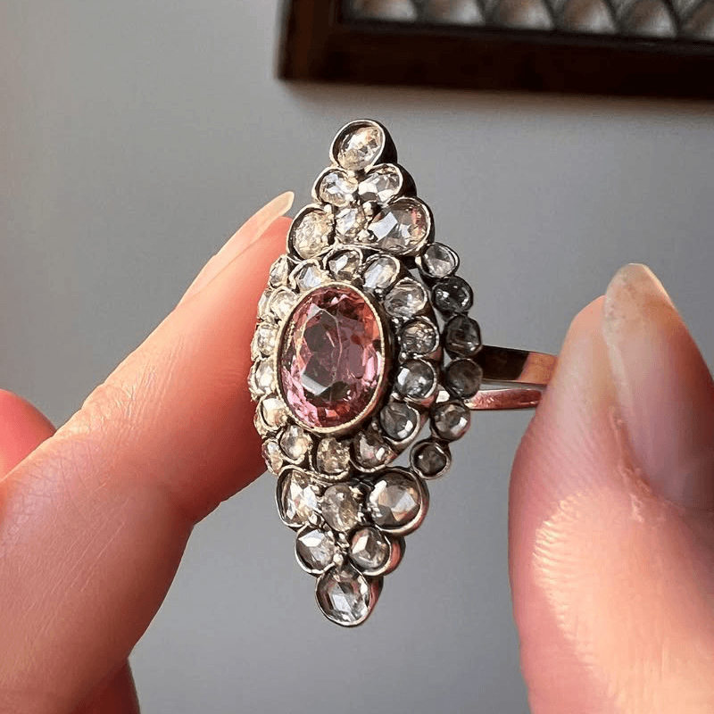 Vintage Unique Design Bezel Double Halo Oval Cut Pink Sapphire Engagement Ring