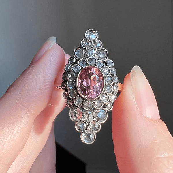 Vintage Unique Design Bezel Double Halo Oval Cut Pink Sapphire Engagement Ring