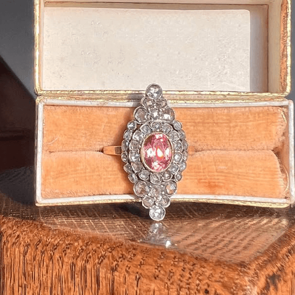 Vintage Unique Design Bezel Double Halo Oval Cut Pink Sapphire Engagement Ring