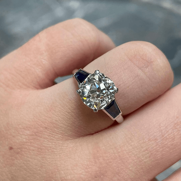 Luxury Jewelry Classic Three Stone Cushion Cut White & Blue Sapphire Engagement Ring