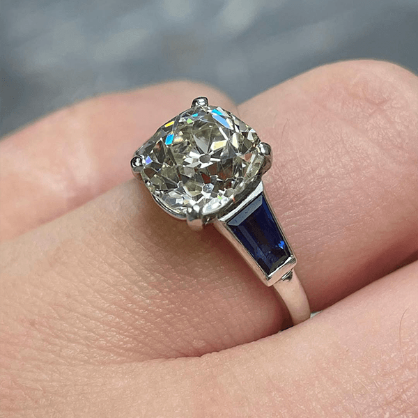 Luxury Jewelry Classic Three Stone Cushion Cut White & Blue Sapphire Engagement Ring