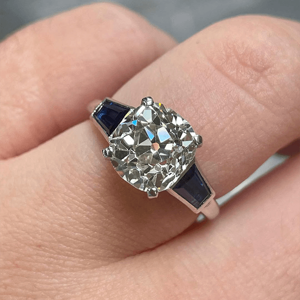 Luxury Jewelry Classic Three Stone Cushion Cut White & Blue Sapphire Engagement Ring