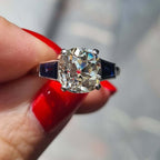 Luxury Jewelry Classic Three Stone Cushion Cut White & Blue Sapphire Engagement Ring
