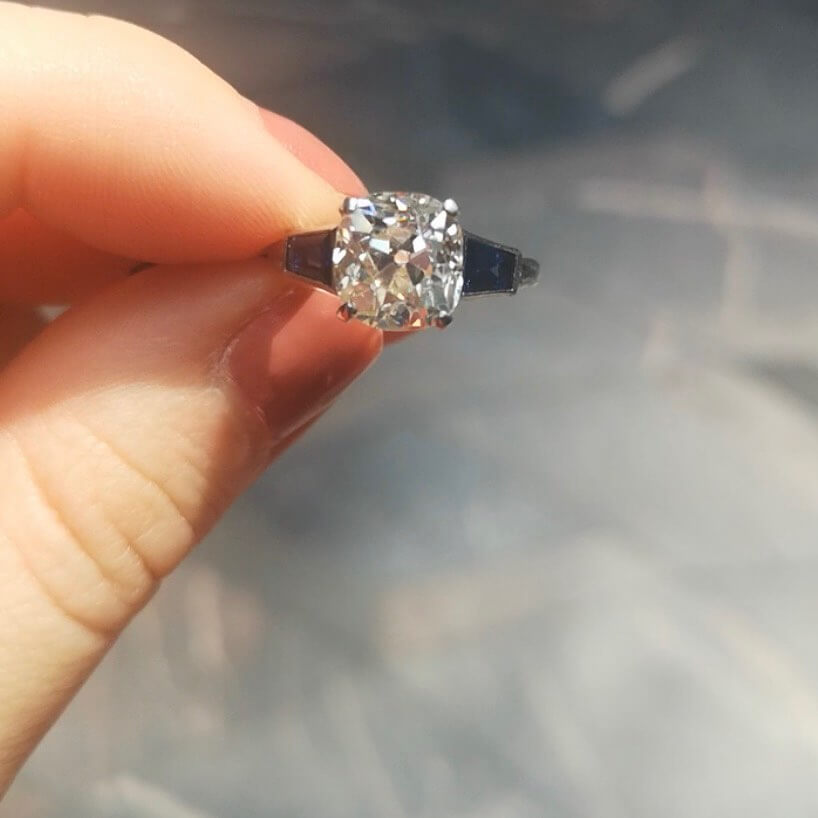 Luxury Jewelry Classic Three Stone Cushion Cut White & Blue Sapphire Engagement Ring