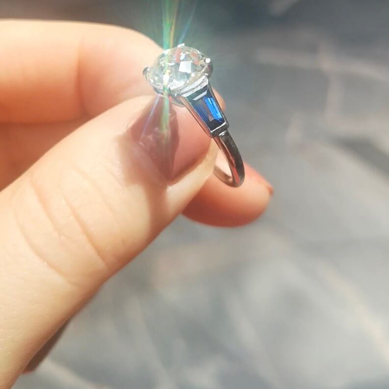 Luxury Jewelry Classic Three Stone Cushion Cut White & Blue Sapphire Engagement Ring