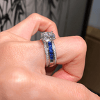 Luxury Jewelry Three Row Round & Asscher Cut White & Blue Sapphire Engagement Rings