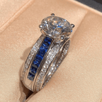 Luxury Jewelry Three Row Round & Asscher Cut White & Blue Sapphire Engagement Rings