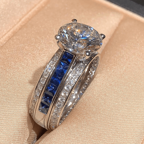 Luxury Jewelry Three Row Round & Asscher Cut White & Blue Sapphire Engagement Rings