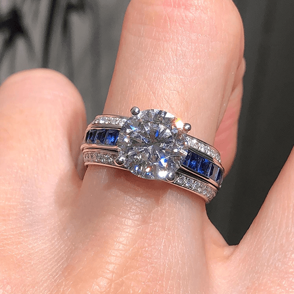 Luxury Jewelry Three Row Round & Asscher Cut White & Blue Sapphire Engagement Rings