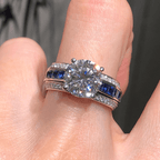 Luxury Jewelry Three Row Round & Asscher Cut White & Blue Sapphire Engagement Rings