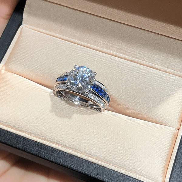 Luxury Jewelry Three Row Round & Asscher Cut White & Blue Sapphire Engagement Rings