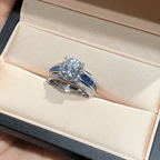 Luxury Jewelry Three Row Round & Asscher Cut White & Blue Sapphire Engagement Rings