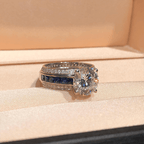 Luxury Jewelry Three Row Round & Asscher Cut White & Blue Sapphire Engagement Rings