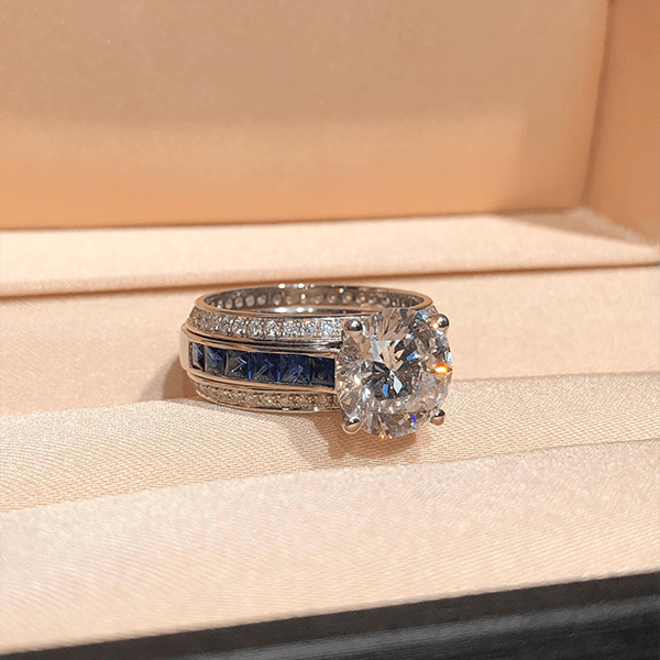 Luxury Jewelry Three Row Round & Asscher Cut White & Blue Sapphire Engagement Rings
