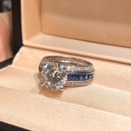 Luxury Jewelry Three Row Round & Asscher Cut White & Blue Sapphire Engagement Rings