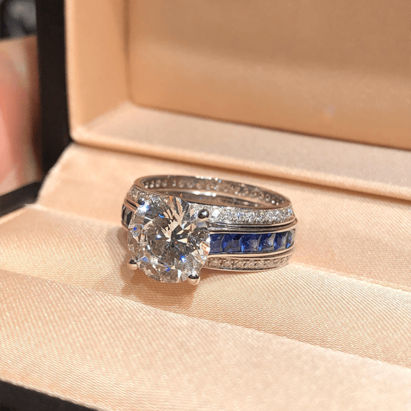Luxury Jewelry Three Row Round & Asscher Cut White & Blue Sapphire Engagement Rings