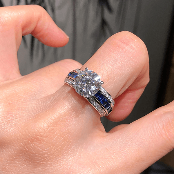 Luxury Jewelry Three Row Round & Asscher Cut White & Blue Sapphire Engagement Rings