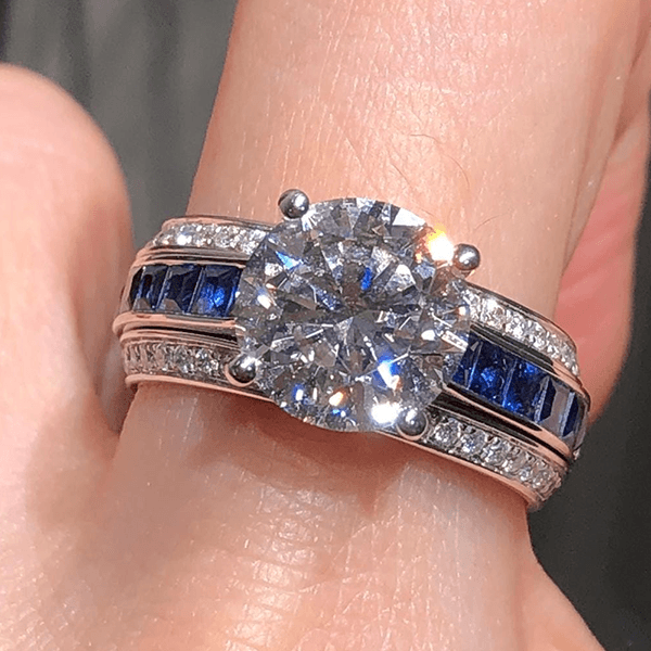 Luxury Jewelry Three Row Round & Asscher Cut White & Blue Sapphire Engagement Rings