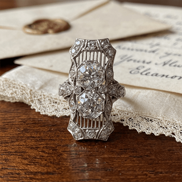 Vintage Halo Bezel Double Round Cut White Sapphire Engagement Ring