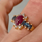 Vintage Yellow Gold Halo Oval Cabochon Cut Ruby & Blue Sapphire Engagement Rings