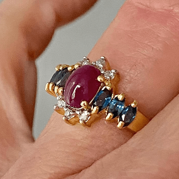 Vintage Yellow Gold Halo Oval Cabochon Cut Ruby & Blue Sapphire Engagement Rings