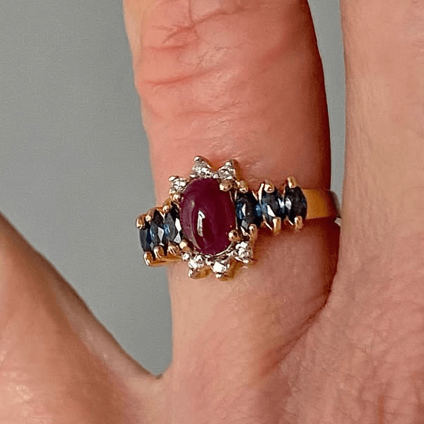 Vintage Yellow Gold Halo Oval Cabochon Cut Ruby & Blue Sapphire Engagement Rings