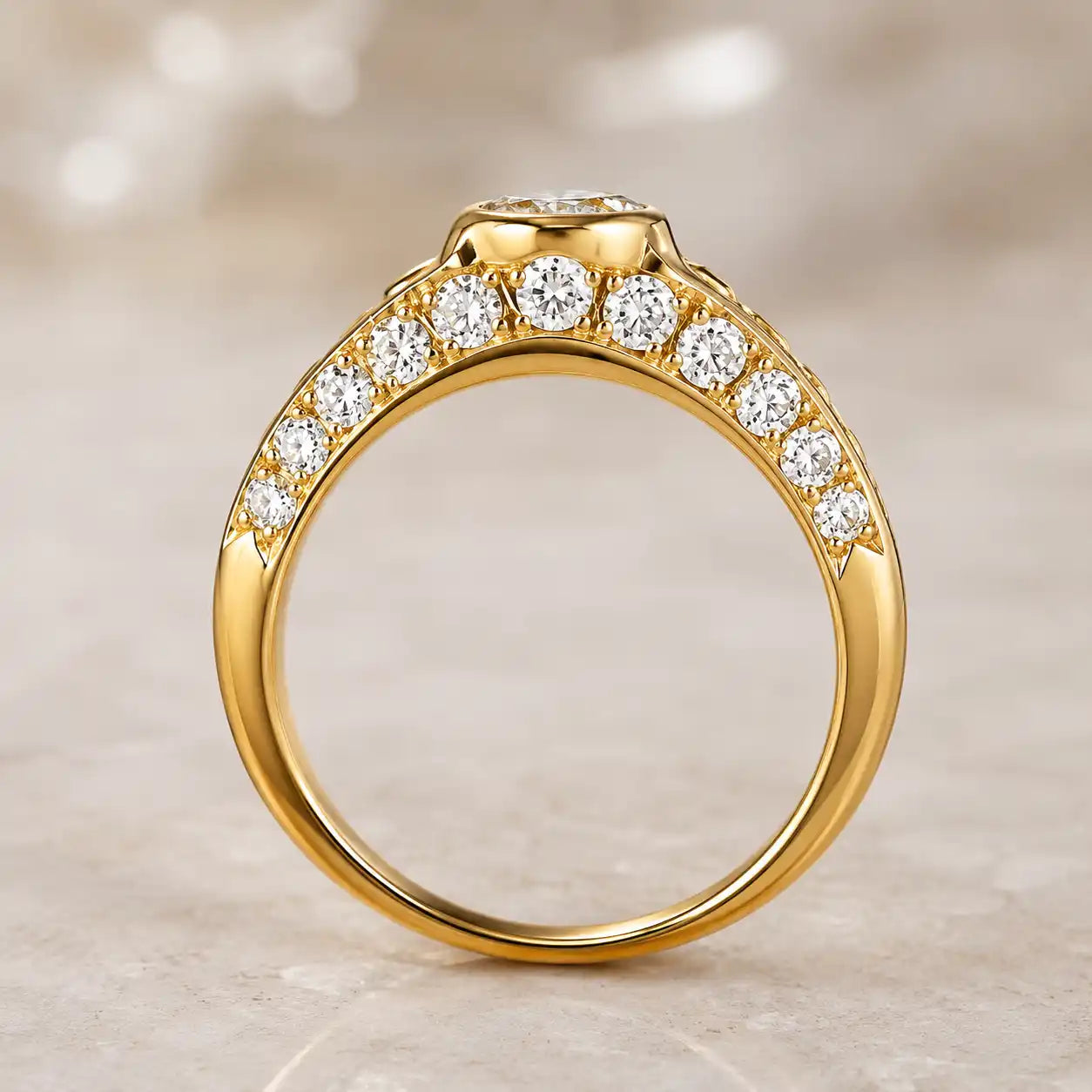 Luxury Jewelry Golden Bezel Round Cut White & Blue Sapphire Engagement Ring