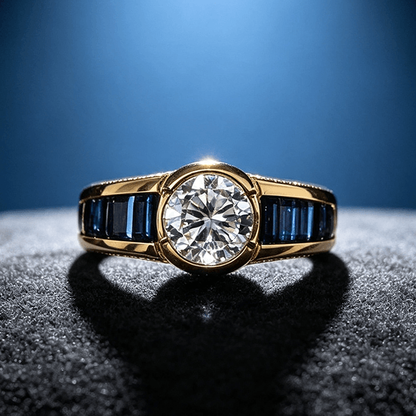 Luxury Jewelry Golden Bezel Round Cut White & Blue Sapphire Engagement Ring