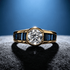 Luxury Jewelry Golden Bezel Round Cut White & Blue Sapphire Engagement Ring