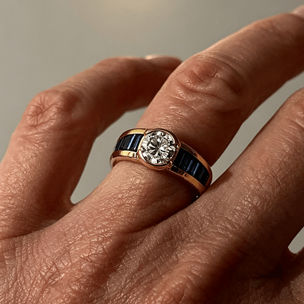 Luxury Jewelry Golden Bezel Round Cut White & Blue Sapphire Engagement Ring