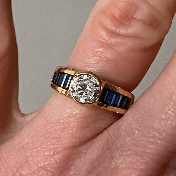 Luxury Jewelry Golden Bezel Round Cut White & Blue Sapphire Engagement Ring
