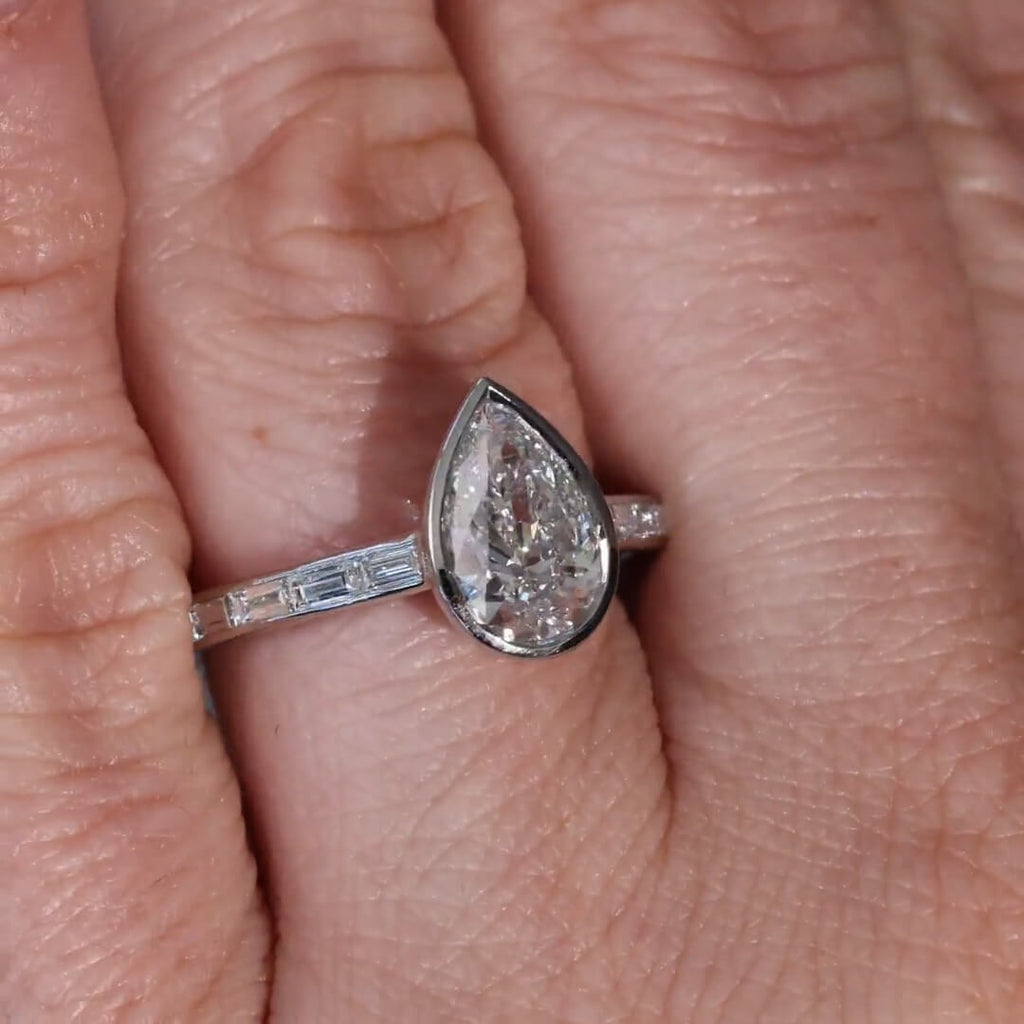 Classic Bezel Pear & Baguette Cut White Sapphire Engagement Rings